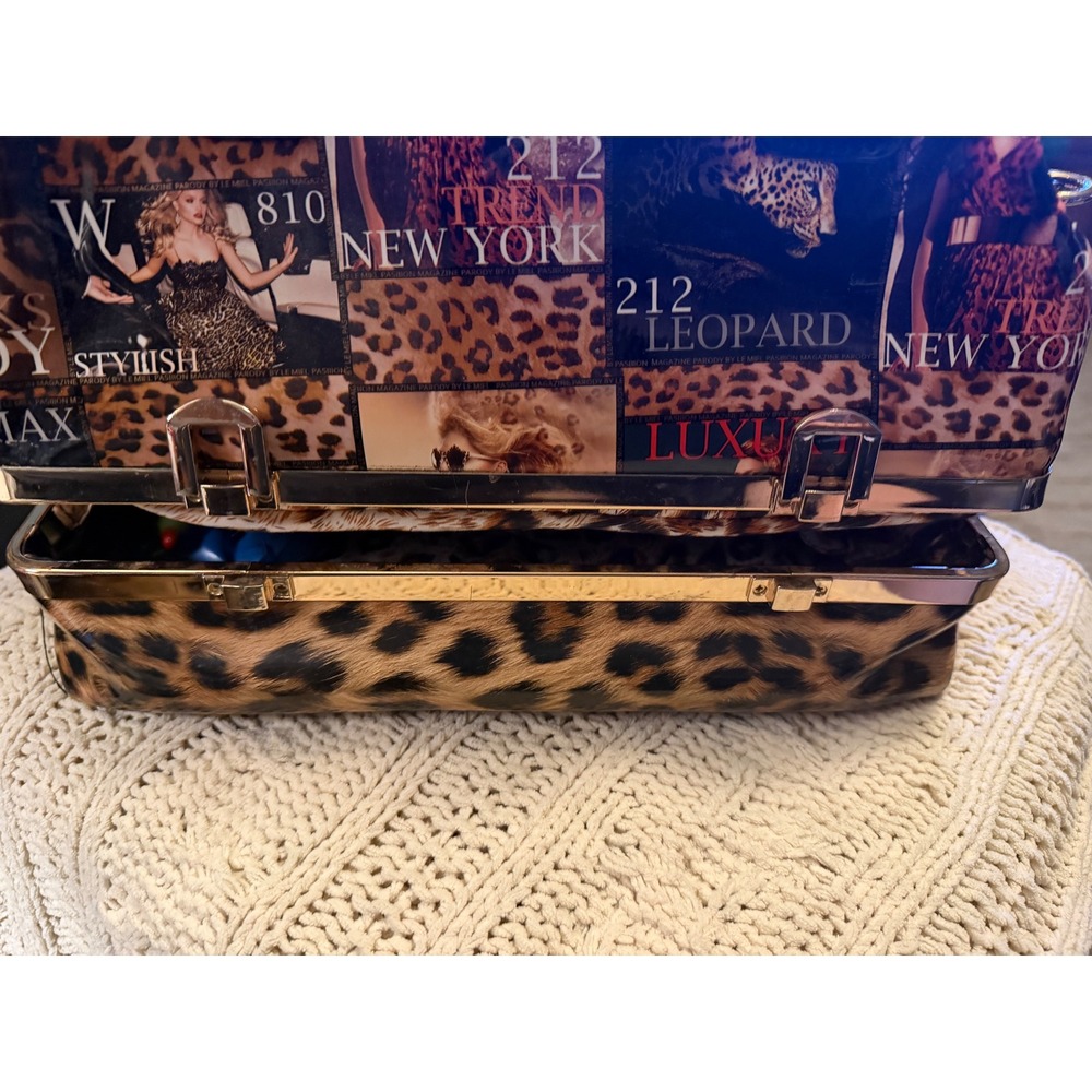Le Miel Pasiion Leopard Magazine Print Satchel Bag Gold Frame Bottom Compartment - Picture 9 of 16